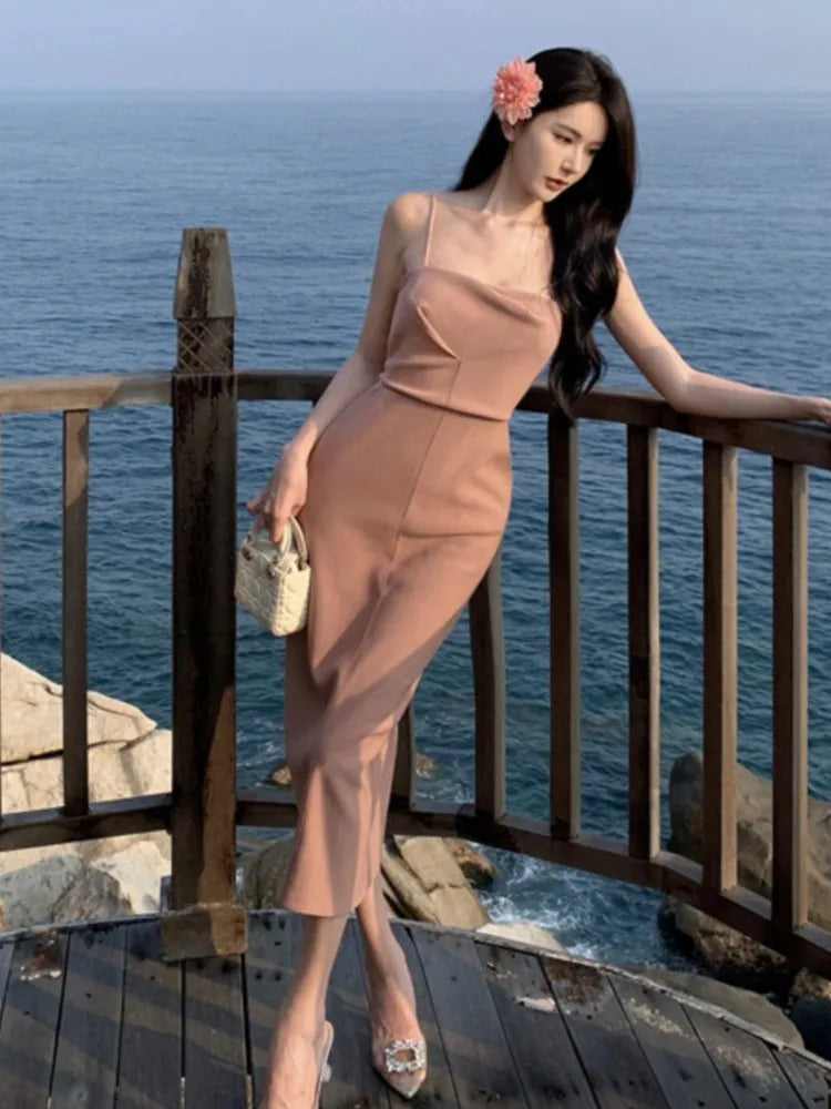 New Midi Dress Summer Spaghetti Strap Pleated Bodycon Party Slim One Piece Clothes Vestidos