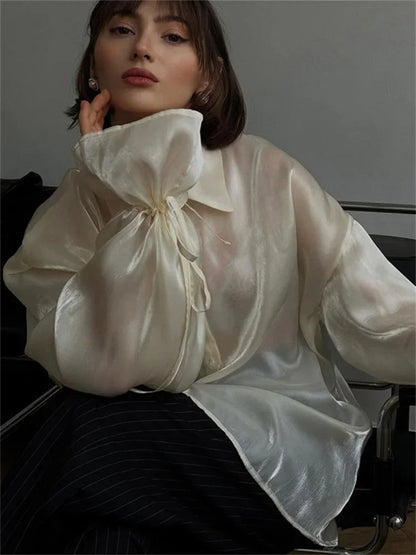 Loose See-through Shirts Coat Female Lapel Long Sleeve Lace-up Summer Outwear ’s Patchwork Blouse