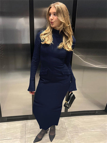 Female Maxi Dress High Waist Pocket Patchwork Skinny Commute Autumn Dress ’s Long Dress