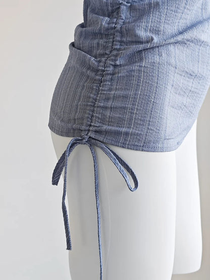 French Blue Striped Drawstring Strap Shirt for Summer Outfit Sweet Girli Irregular Slim Fit Sleeveless Blouses Tops