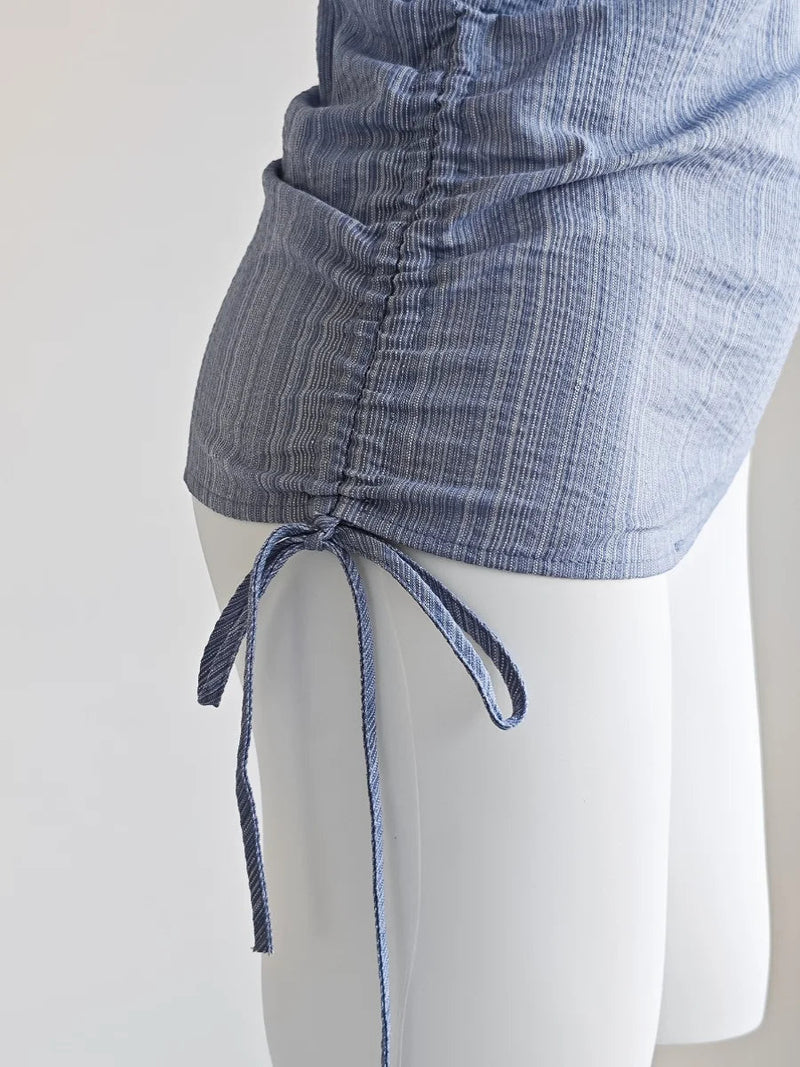French Blue Striped Drawstring Strap Shirt for Summer Outfit Sweet Girli Irregular Slim Fit Sleeveless Blouses Tops