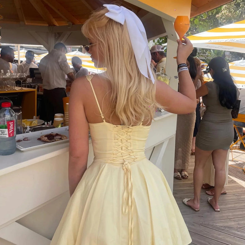 Lace Hollow a Line Yellow Holiday Mini Dress