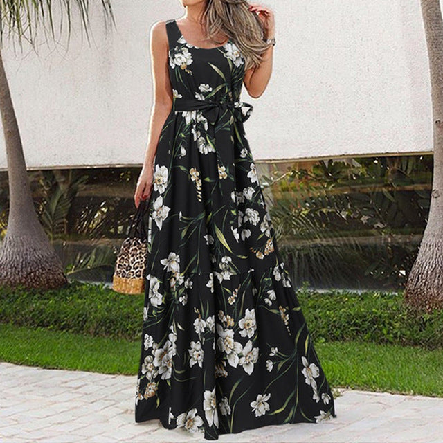 Summer Flower Print Sleeveless Long Dresses Vacation Style Dress O Neck High Waist Leace-up Maxi Vestidos
