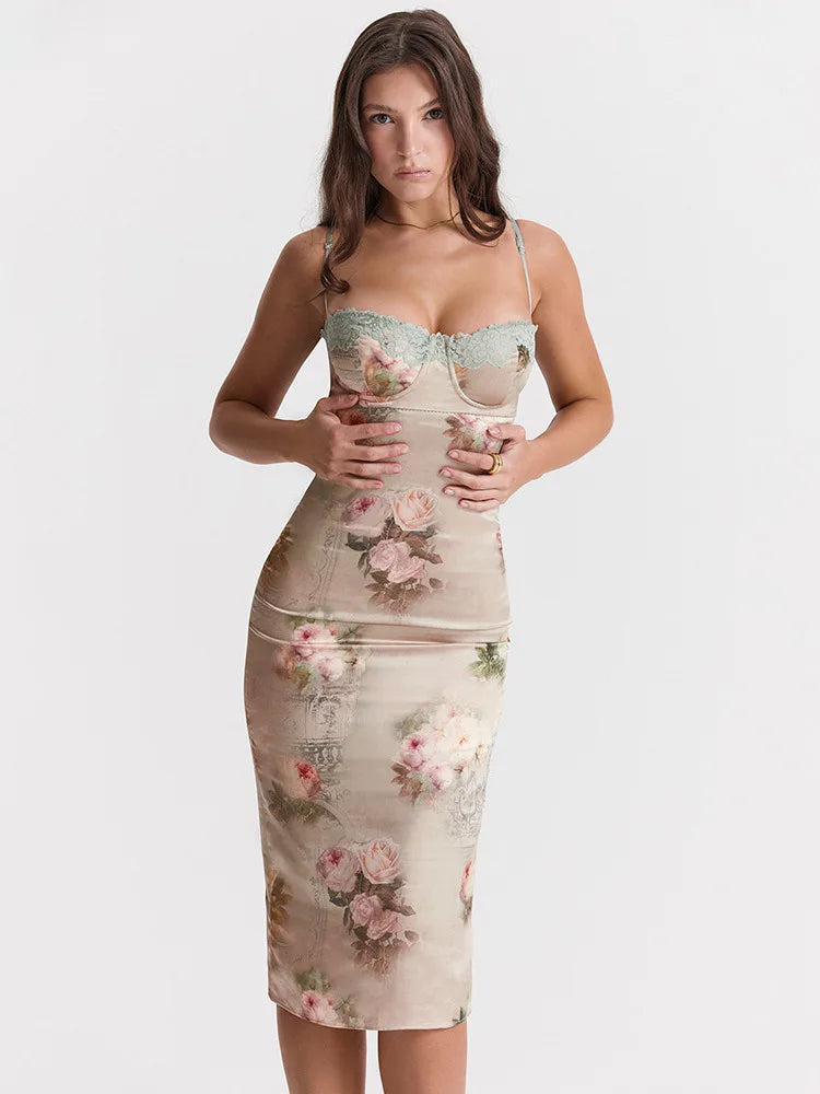 Lace Print Spaghetti Strap Midi Dress