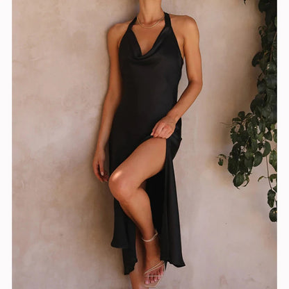 Slim Fit Backless Evening Dress Summer Satin Split Sleeveless Long Dresses Party Halter Dress 28312