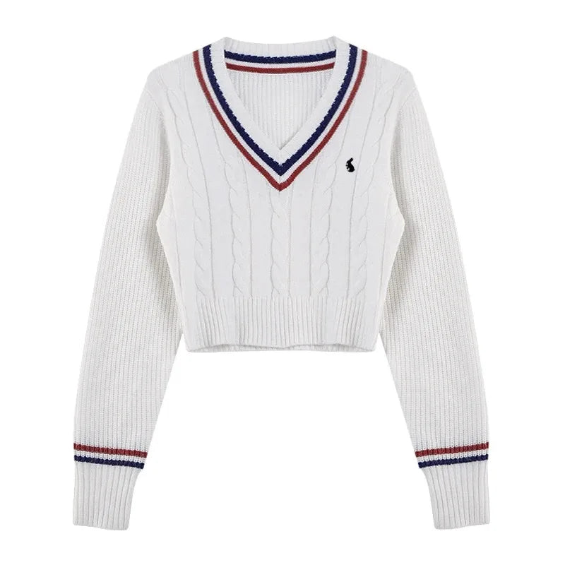 Korean Sweaters Autumn V-neck Y2k Cartoon Embroidery Knitted Tops Winter Soft Basic Long Sleeve Pullovers