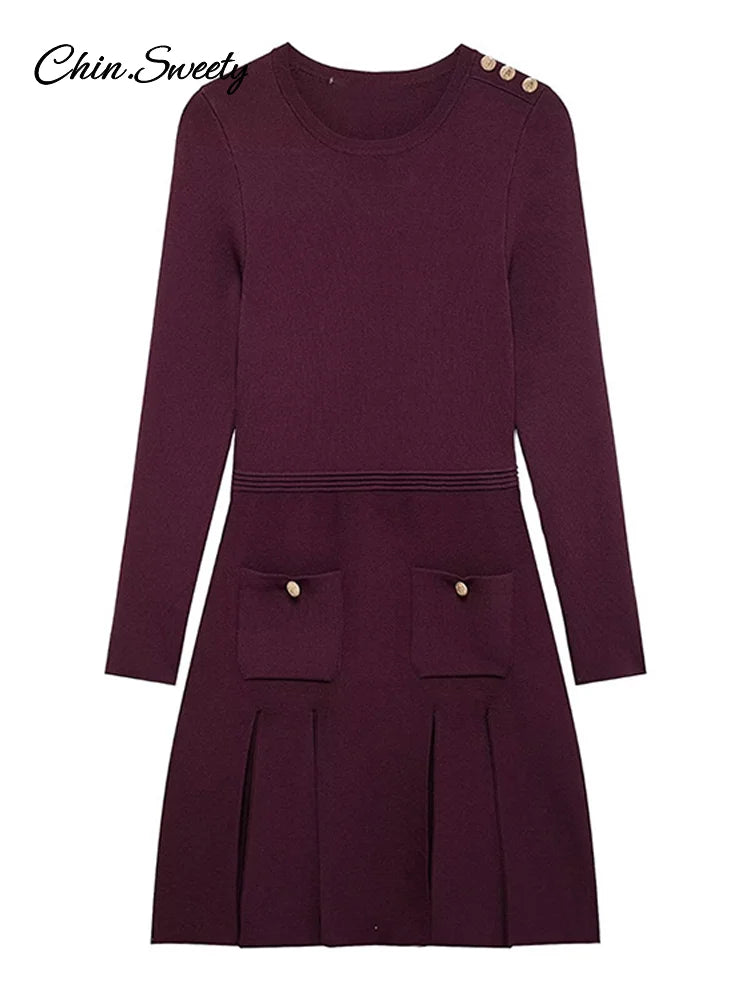Knit Burgundy Red A-line Mini Dress O-neck Long Sleeves Pleat Party Dresses Female Spring New Pockets Button Vestidos