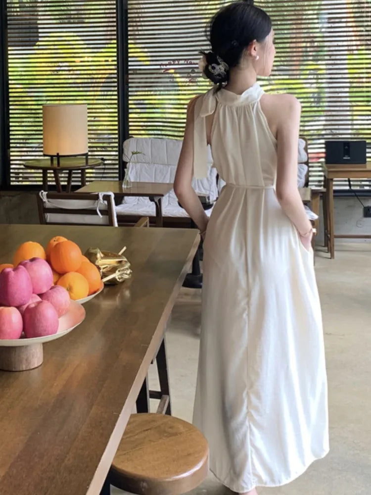 Summer Spring French Halter Dresses Off Shoulder Birthday Party Midi Dress Female Holiday Loose Vestidos