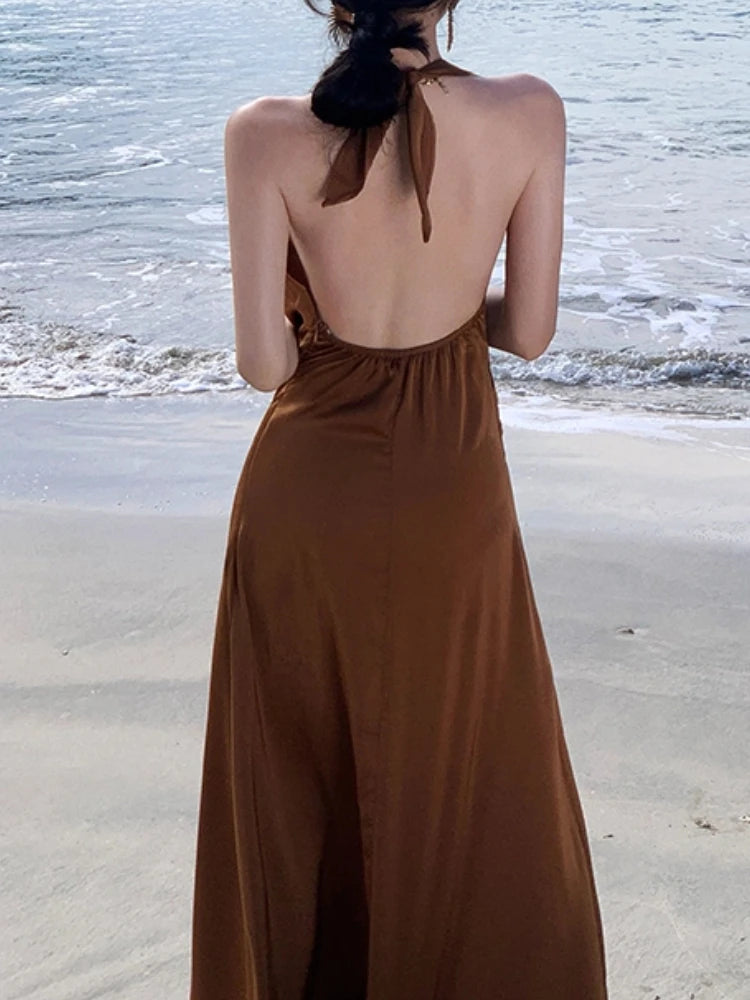 Spring Summer Halter Midi Dress Sleeveless Party Beach Long Vestidos Female Bodycon Slim Robe
