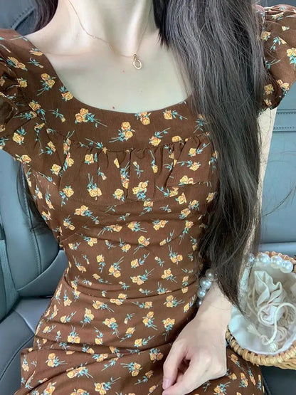 Flying Sleeve Dresses Print Ruffles Sweet Spring Summer Long Dress French Style Vestidos Mujer