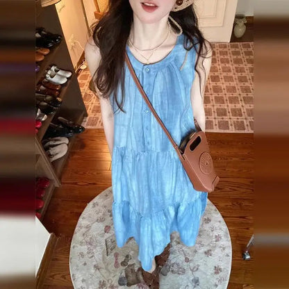 Blue Sleeveless Strap Dress Children Wear New Summer French Style Seaside Vacation Vest Long Dress Loose