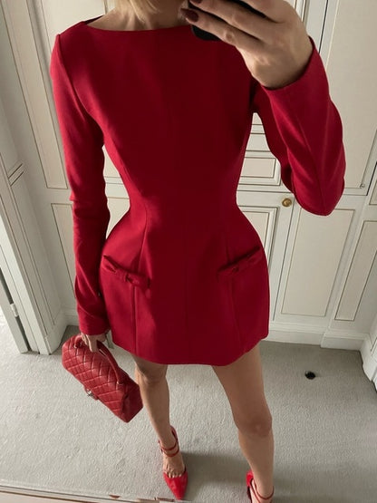 Long Sleeve Mini Dress Bow Round Neck Bodycon Female Autumn/winter New Fashionable Street Clothing