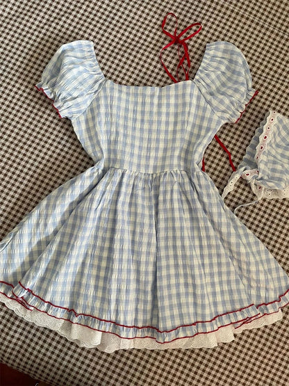 Japanese Kawaii Sweet Short Party Dress Sleeve Y2k Plaid Mini Dress Female Lolita Clothing Outfits
