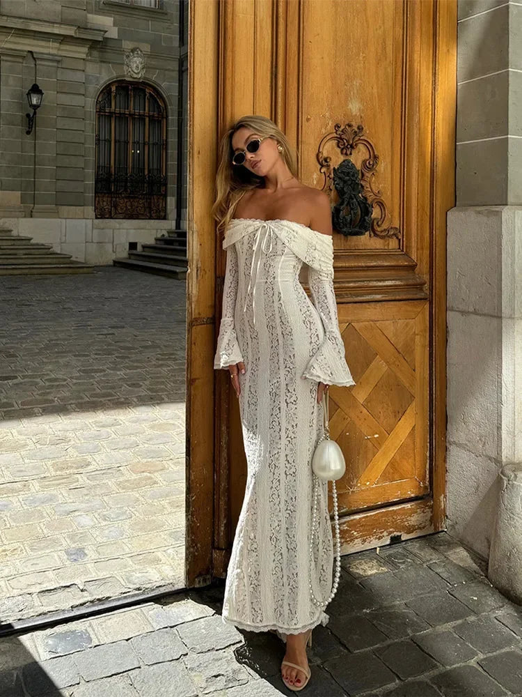 Hollow Lace Strapless Maxi Dress