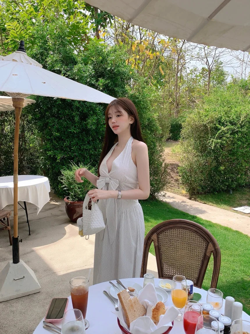 French Vacation Style Hanging Neck Striped Vest Dress Summer New Design Butterfly Bow Long Dresses