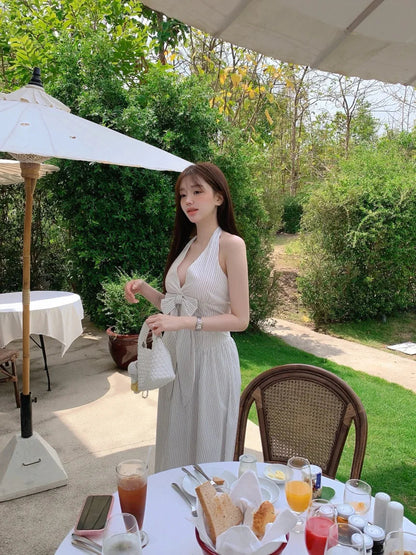 French Vacation Style Hanging Neck Striped Vest Dress Summer New Design Butterfly Bow Long Dresses