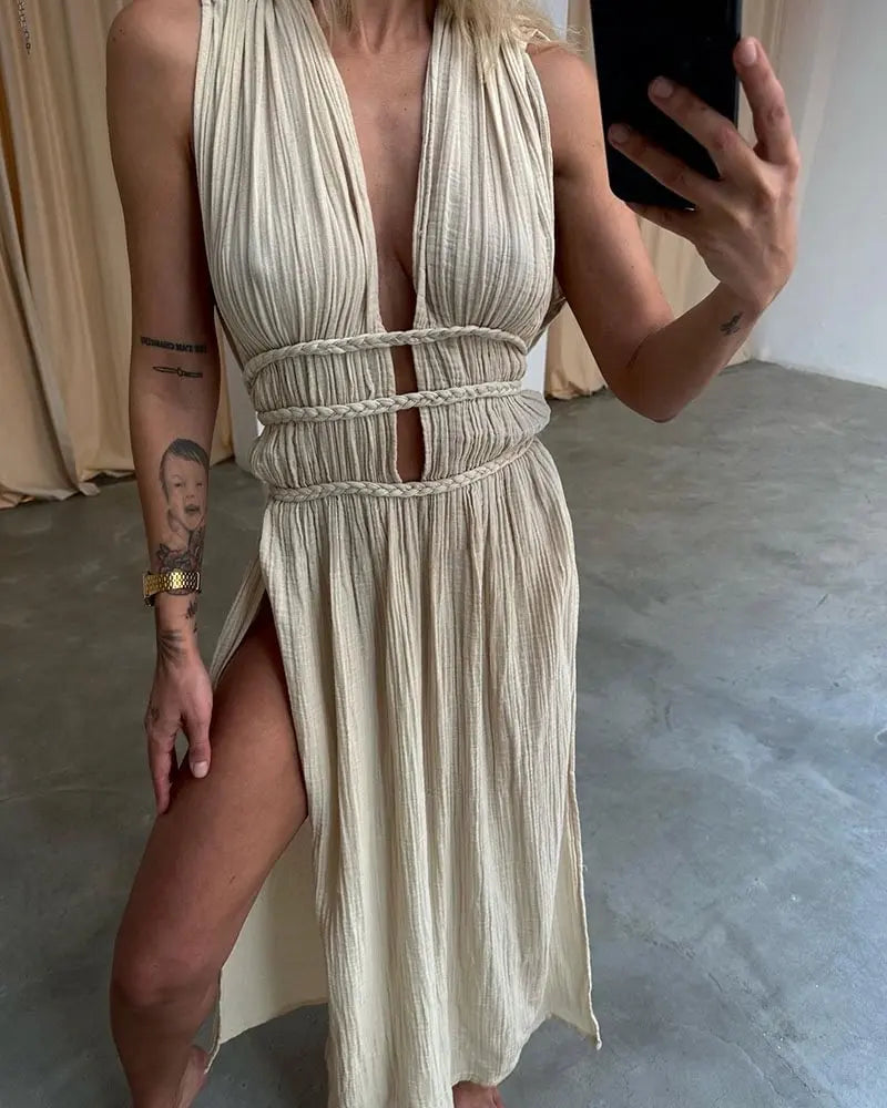 New Summer Hollow Out Dress Off Shoulder Backless High Split Long Dresses Lady Beach Wear Robes