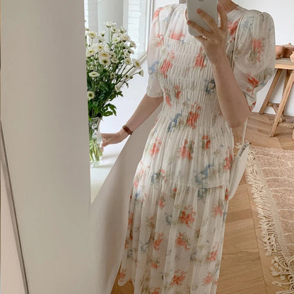 Kylethomasw Short Sleeve Chiffon Dress Print Elastic Waist White Dress Lady Summer Long Dresses for Vestido