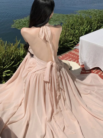 Summer New Ruffles A-line Long Dresses for Halter Backless Holiday Seaside Party Dress Korean One Piece Vestido