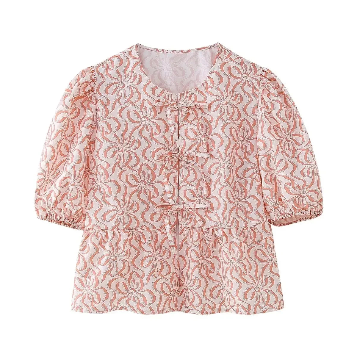 Summer Woman Bow Tied Lace Up Shirts Puff Short Sleeves Blouse Oneck Ruffle Color Tops
