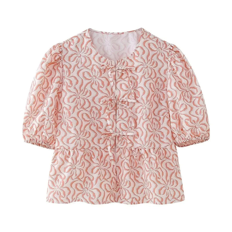 Summer Woman Bow Tied Lace Up Shirts Puff Short Sleeves Blouse Oneck Ruffle Color Tops
