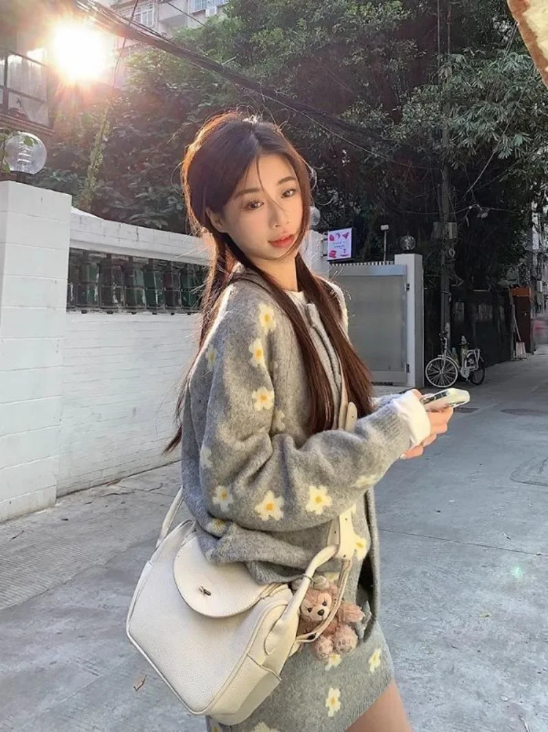 Sweet Hot Girl Knitted Suit Autumn and Winter Oneck Loose Cardigan Wrap Hip Skirt Twopiece Set Female Clothes