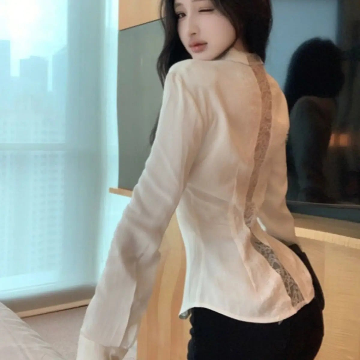 Backless Lace Youthful Black Long Sleeve Shirt V Neck Patchwork Basic Blouse Lady Office White Top