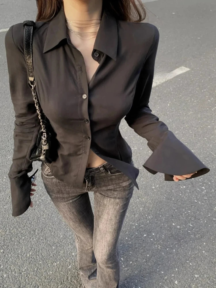 Bodycon Chiffon Shirt Turndown Collar Flare Sleeve Tunic Tops Bandage Design Female Blouses Spring