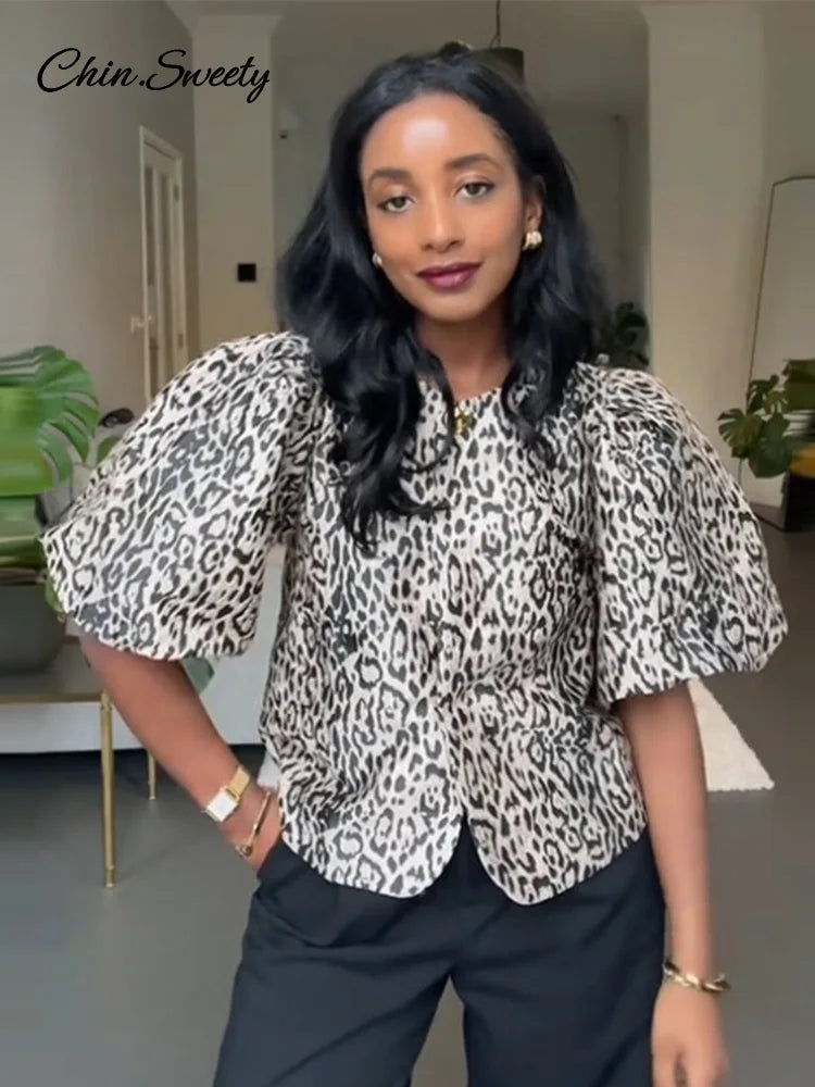 Leopard Puff Sleeve Shirts Blouses Summer O-neck Loose Buttons All-match Cropped Tops Lady High