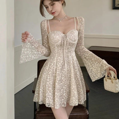 Lace Mini Dresses for Flare Sleeve Square Collar Corset Slim A-line Wedding Birthday Party Dress Y2k Prom Vestidos