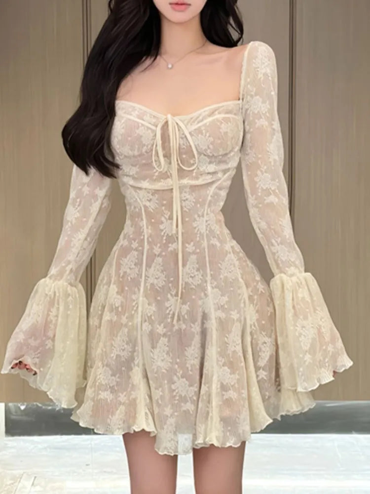 French Lace Mini Dress Y2k Off Shoulder Lace Up Ruffles A-line Autumn Spring Long Sleeve Party Dress Prom Vestidos