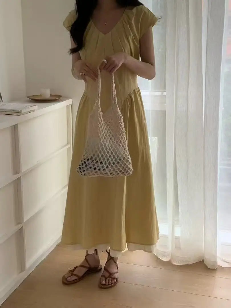 French Retro Patchwork Contrasting Short Sleeved Dress Summer New Design Slimming Waist Long Dresses