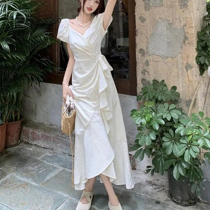 White Vneck Lace Up Short Sleeved Dress Summer New Lotus Leaf Edge Waist Cinching Slim Temperament Long Dresses