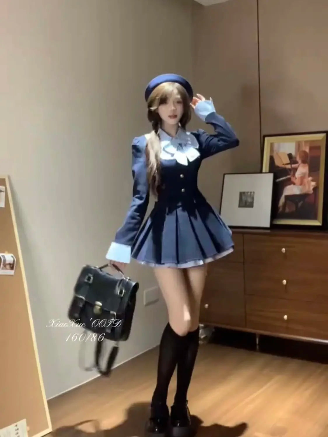 Korean College Style Fake Two Piece Spliced Bow Long Sleeve Pleated Dresses for Autumn Sweet Waist Slim Aline Mini Dress