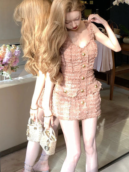 Korean Small Fragrant Tweed Dress Spaghetti Strap V Neck Woven Tassel Gold Button Mini Dresses Clothes for Woman