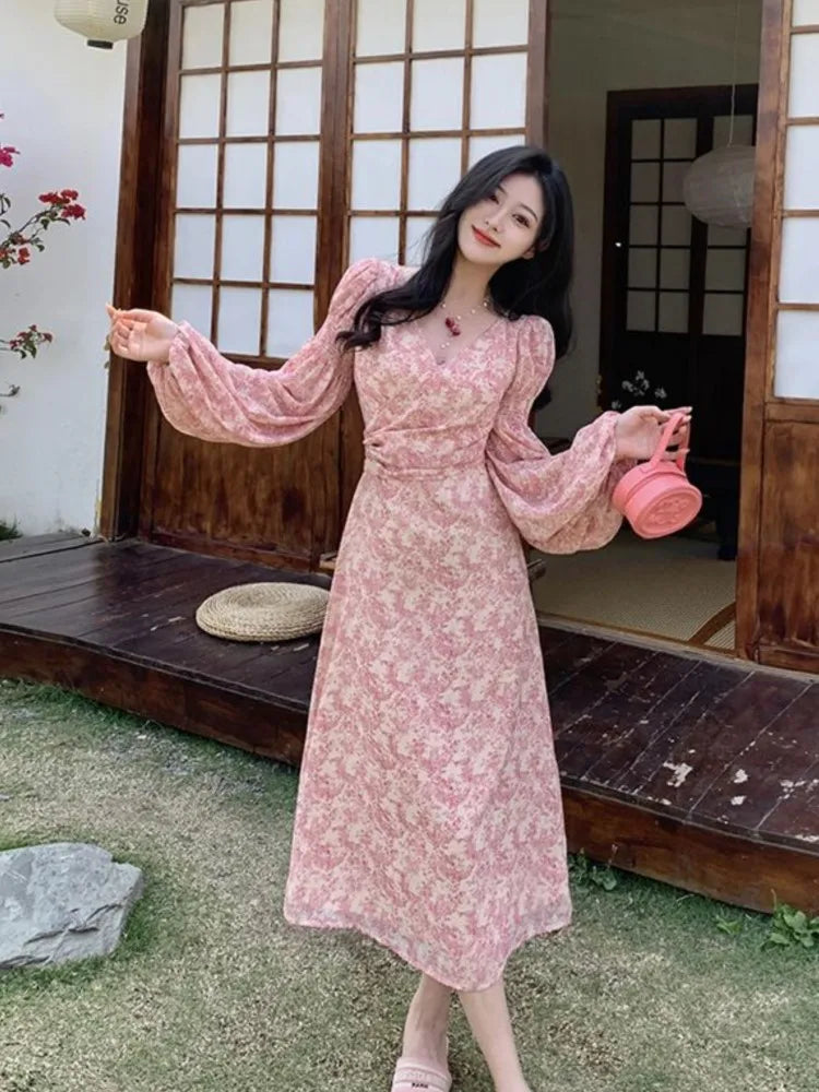 Long Sleeve Printed Midi Dress Woman Ol Dress Korean Autumn Beach Evening Party Dress Female
