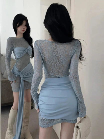 Mini Dresses Sweet Long Sleeve Slim Ruched O Neck Irregular Party Dress Party Autumn Clubwear