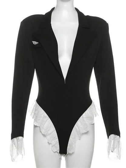 Lace Suit Jumpsuit Female Blazer Body Top V-neck Slim Long Sleeve Cardigan Black Rompers New
