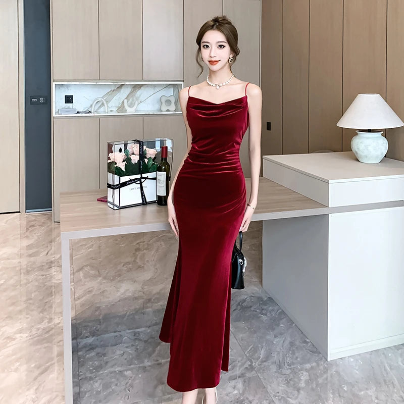 Split Velvet Midi Dresses Summer French Spaghetti Strap Wedding Party Female Clothing