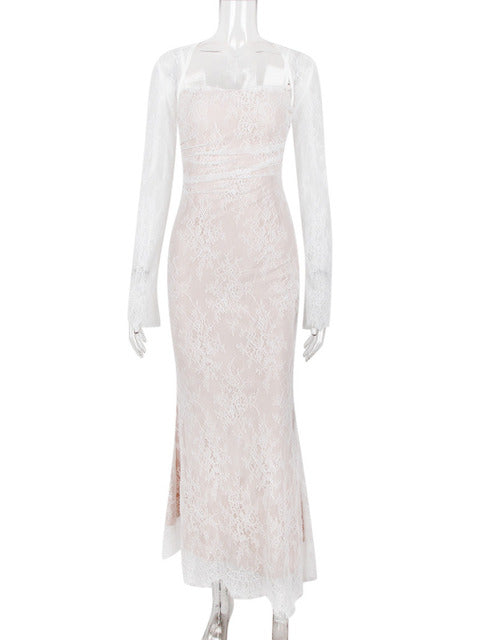 Lace Print Maxi Dress Set Spaghetti Strap Long Sleeve Bodycon Club Party Long Dress
