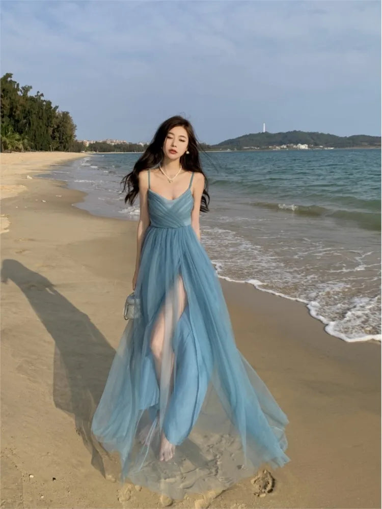 Beach Long Holiday Dress Blue Mesh Strap Vneck Split Maxi Dress Vestidos Elegantes Wedding Party Dresses Prom Dress