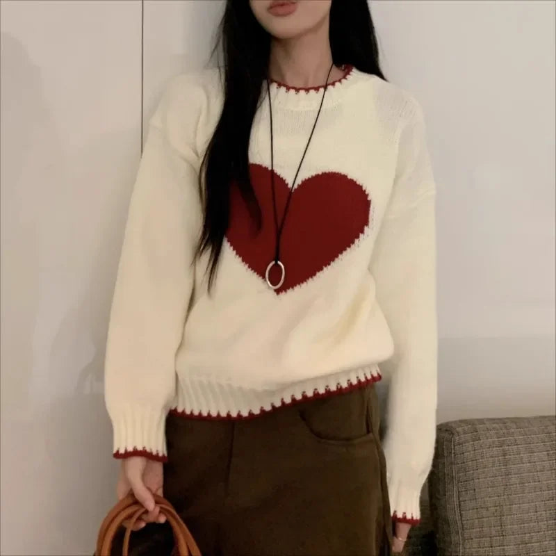 High Street Contrast Color Patchwork Long Sleeve Sweater Spring New Oneck Heart Embroidery Loose Knitted Tops