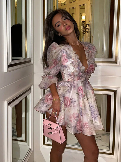 Patchwork Mesh V Neck Mini Dress