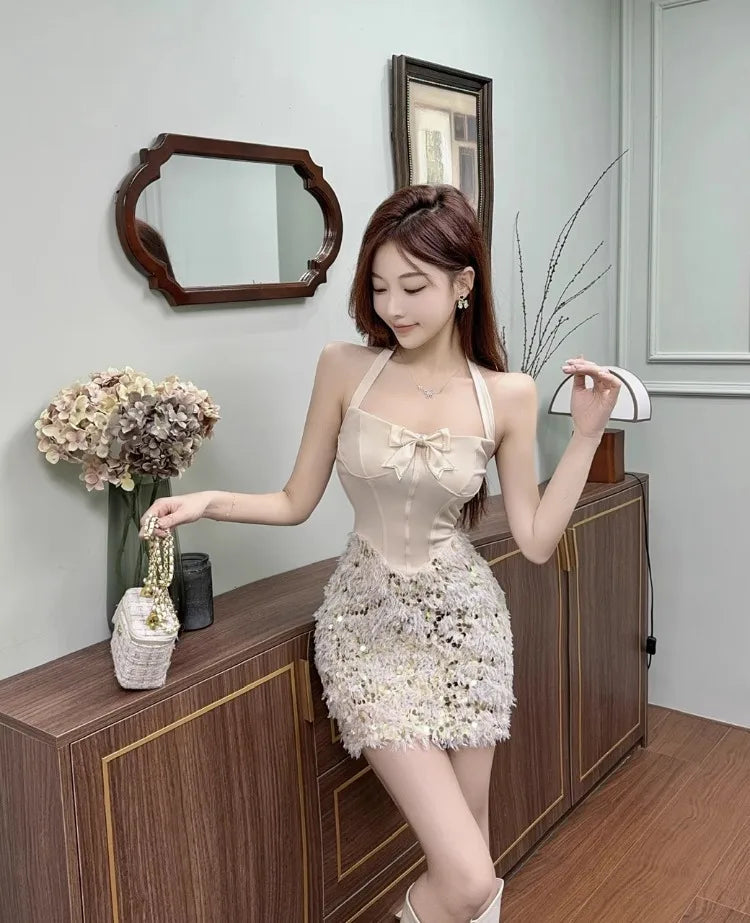 Mini Dress Woman Bow Patchwork Sequins Sleeveless Patchwork Slim Party Dress Backless Clubwear