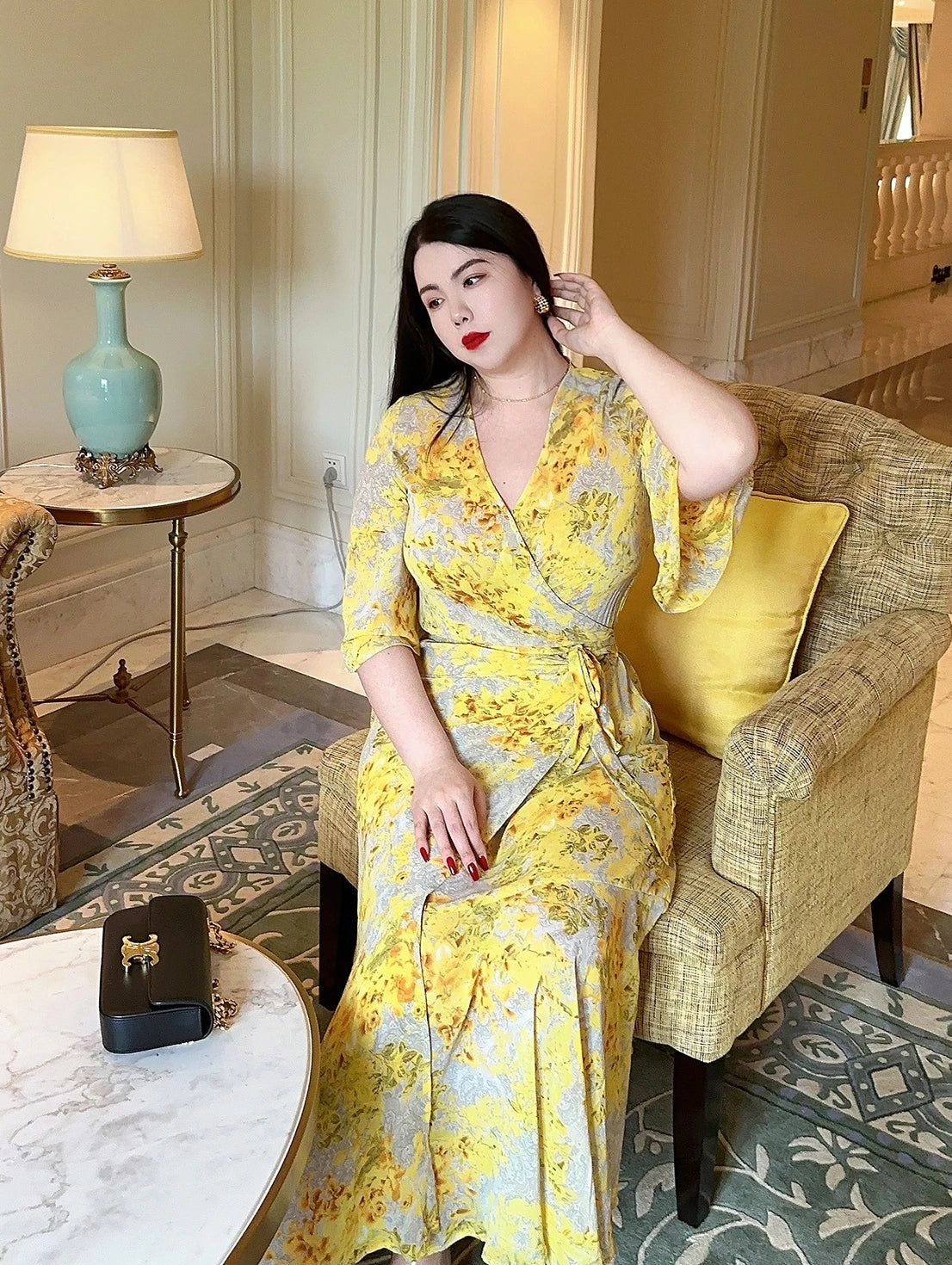 French Style Print Wrap Around Body Large Size Belly Covering Slimming Holiday Long Dress Wrap Around Skirt Large Size