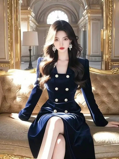 Autumn/winter New French Hepburn Style Blue Velvet Dress for Formal Occasions High End Waist Cinched Slim Maxi Dresses