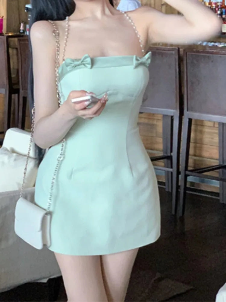 Mini Dresses Sleeveless Bowknot Chain Backless Spring Summer Slim French Style Dress Sweet
