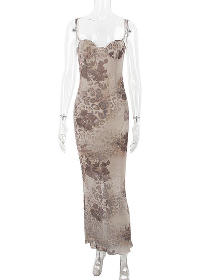 Mesh Print Maxi Dress Spaghetti Strap Sleeveless Lace-up Split Sundress Club Party Long Tank Dress