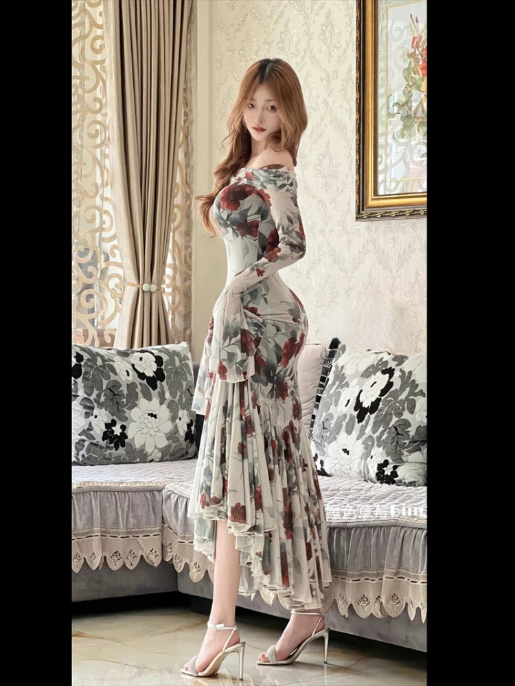 Summer French Print Midi Dress One Shoulder Dress Korean Even Party Female