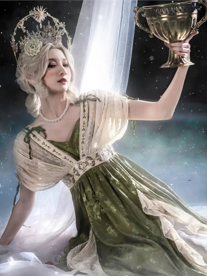 Summer Fairy Green Evening Dress V Neck Lace Ruffles Midi Dress a Line Fluffy Sleeve Prom Party Gown